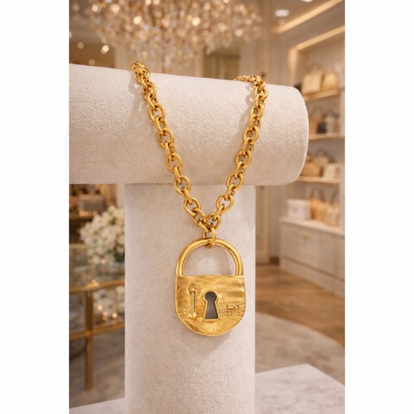 Large Statement Key Lock Matte Gold Finish Necklace with Adjuster - Picture 3 of 4